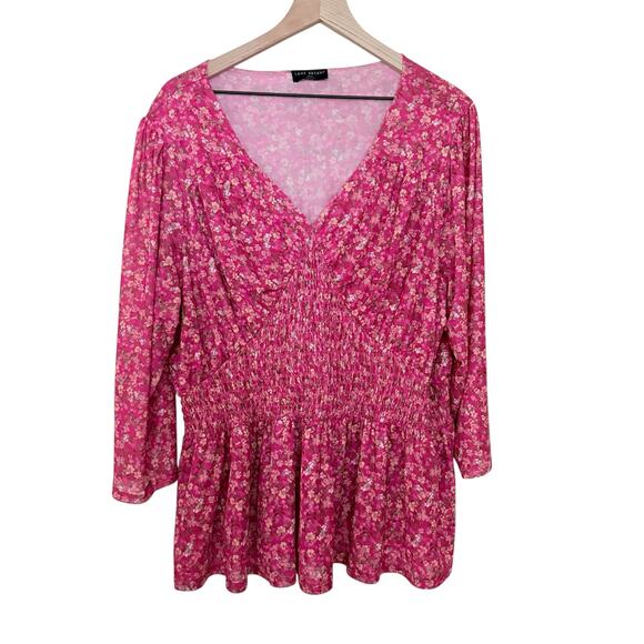 Lane Bryant Red Pink Floral V neck Peplum Quarter Sleeve Sheer Blouse Size 22/24 - Picture 8 of 8